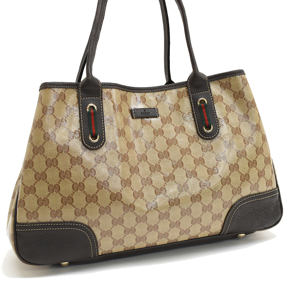 Gucci Tote Bag GG Crystal Canvas Beige Dark Brown